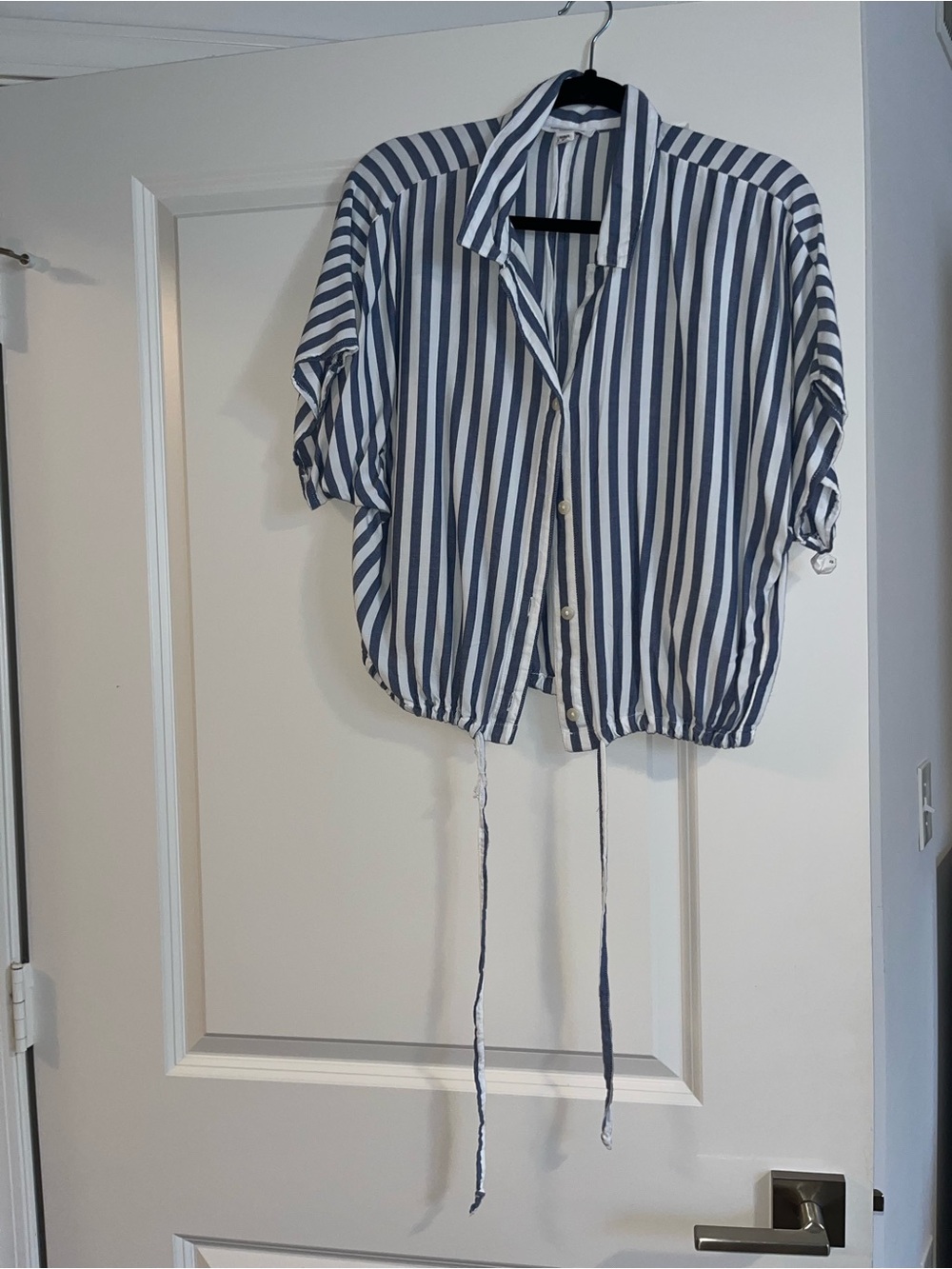beachlunchlounge Blue and White Vertical Stripe Button-Down Top